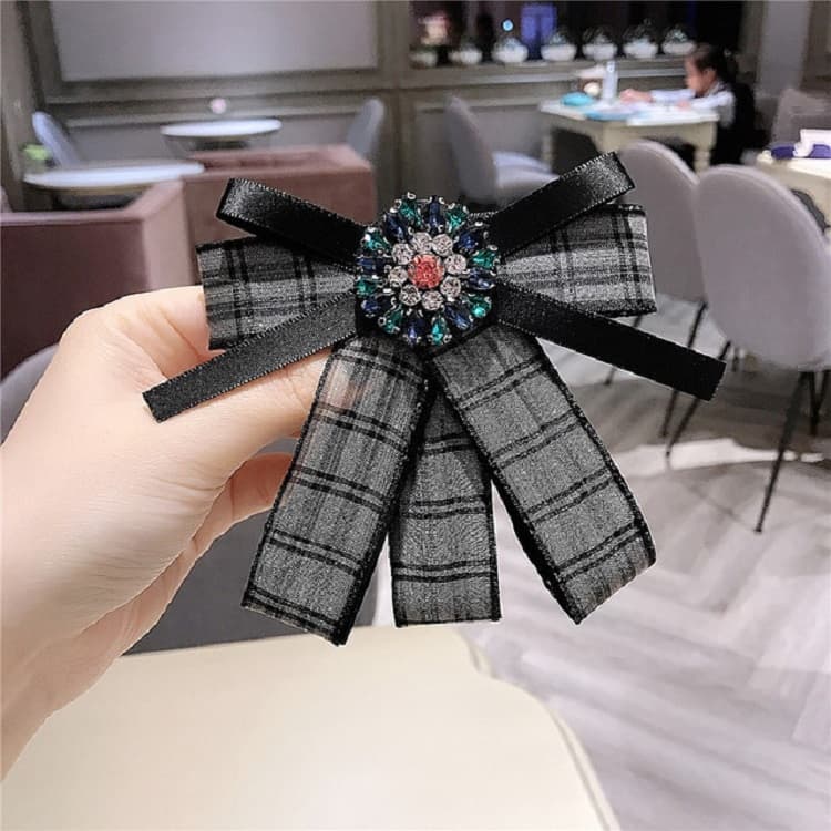 Spilla a fiocco fresco da donna con fiocco a diamante, accessorio per camicia (nero grigio)