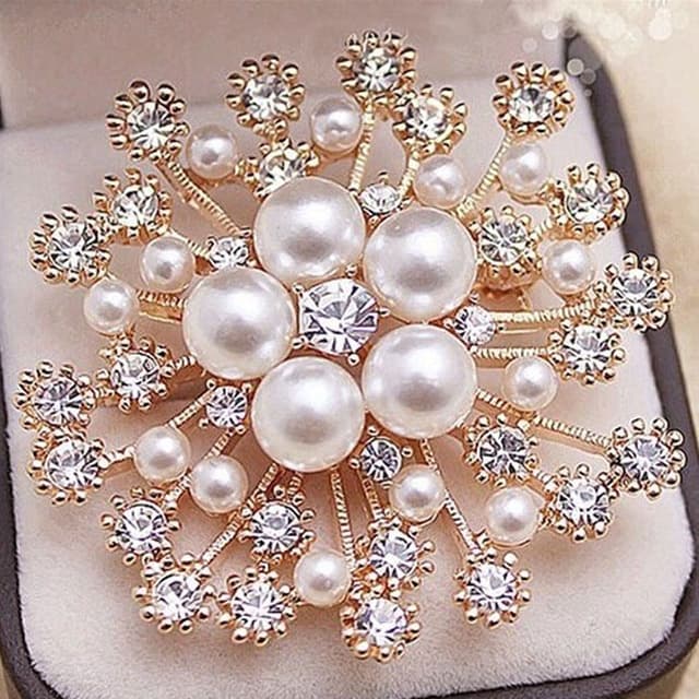 Spilla Gioiello Donna con Cristalli e Perle Imitazione Fiocco di Neve (Oro)