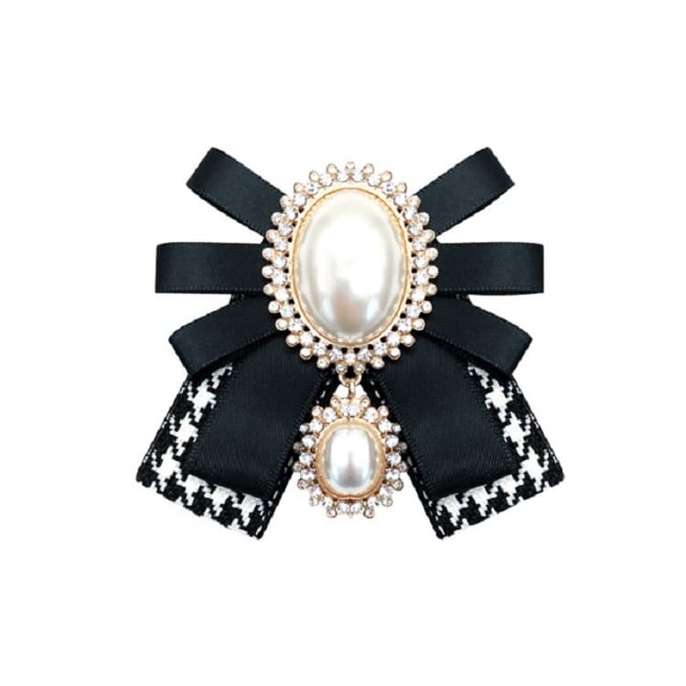 Women Pearl Bow-knot Bow Tie Cloth Brooch Clothing Accessories, Style:Pin Buckle Version(Black White)