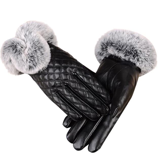 Guanti in pelle PU da donna con pelliccia di coniglio sintetica, spessi, caldi, autunno e inverno (Nero)