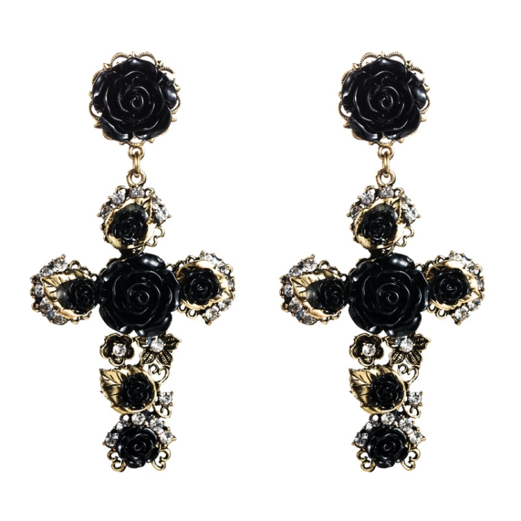 1 Pair Baroque Rose Flower Cross Long Earrings Vintage Earrings(Black)