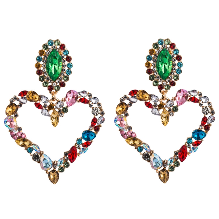 1 Pair Heart Shaped Alloy Retro Earrings With Colored Rhinestone Flashing Full Rhinestone Earrings(Color)
