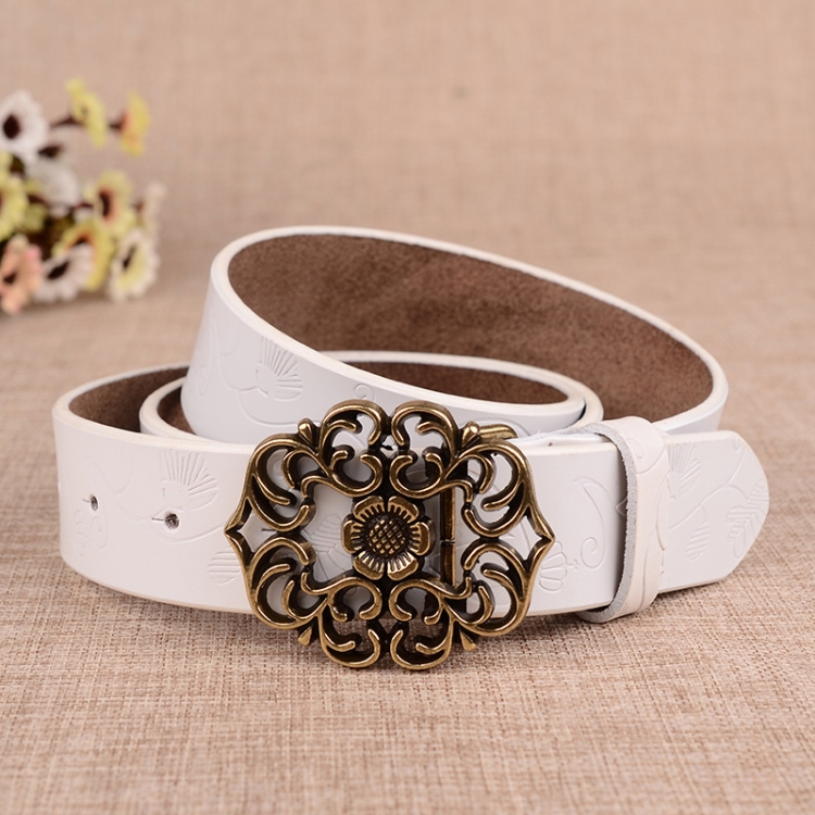 105cm Sunflower Pattern Needle Buckle Women Belt Retro Waist Band Leather Belt(White)