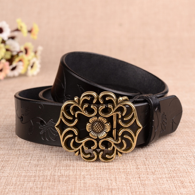 110cm Sunflower Pattern Needle Buckle Women Belt Retro Waist Band Leather Belt(Black)