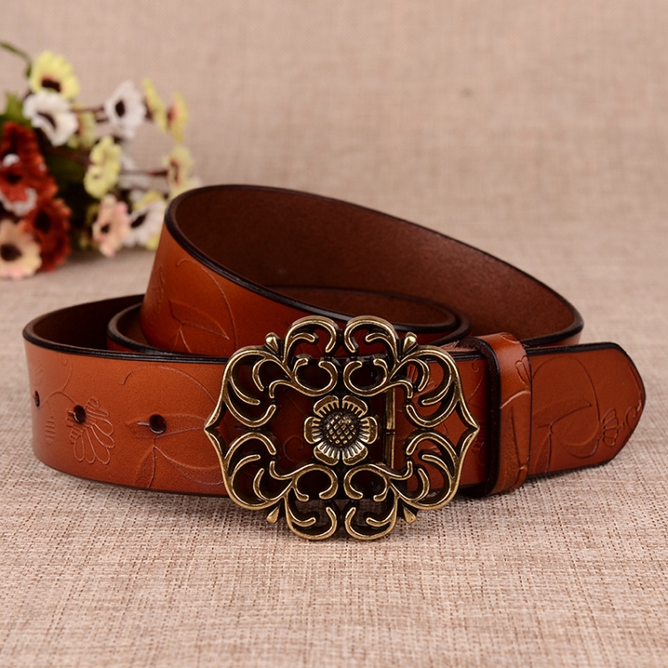 110cm Sunflower Pattern Needle Buckle Women Belt Retro Waist Band Leather Belt(Brown)