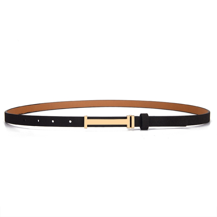 110cm Women Adjustable Leather Decorative Belt Casual Jeans Gold Buckle Thin Belt(Black)