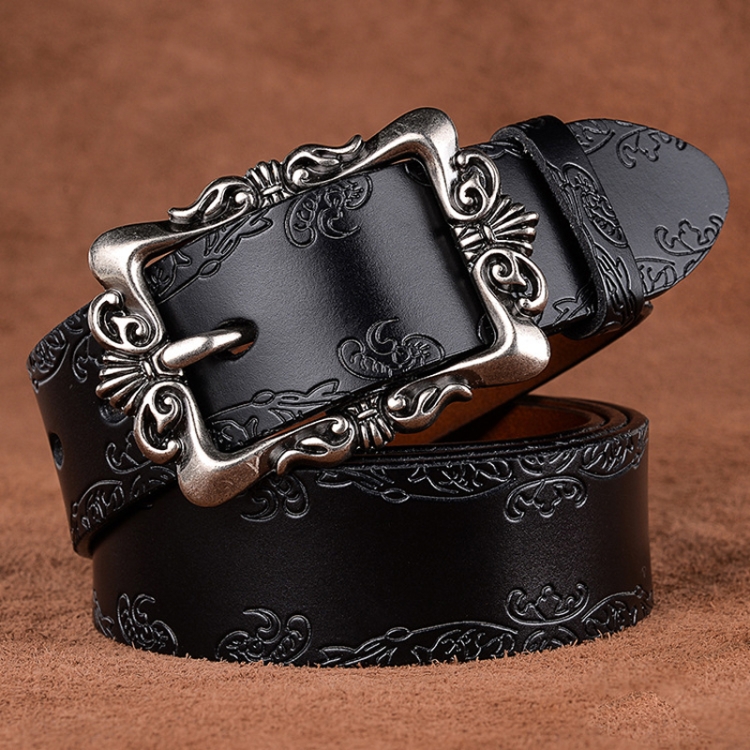 115cm Women Carved Leather Waist Band Simple Pin Buckle Belt(Black)