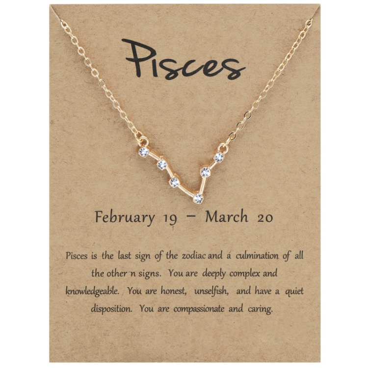 12 Zodiac Signs With Diamonds Necklace Card Rhinestones Collarbone Chain Pendant, Style: Pisces Golden