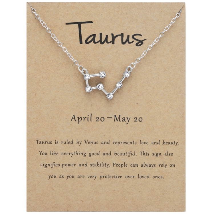 12 Zodiac Signs With Diamonds Necklace Card Rhinestones Collarbone Chain Pendant, Style: Taurus Silver