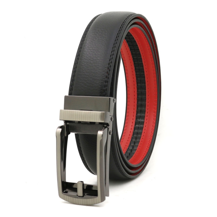 120cm Second Layer Cowhide Men Business Belt Automatic Buckle Belt(Black Red)