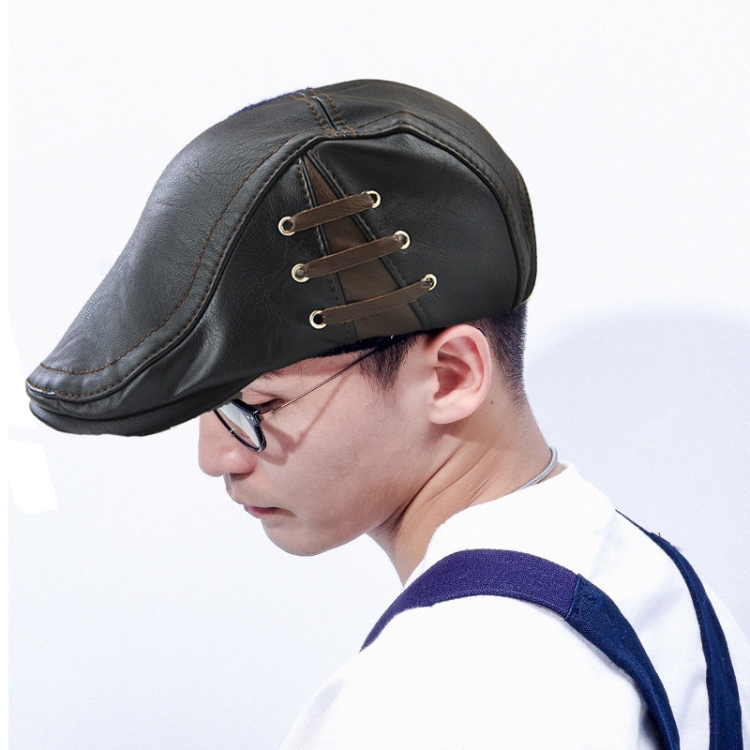 12968 Perforated Strap Design Outdoor All-Match PU Leather Peaked Cap Berets, Size:One Size(Black)