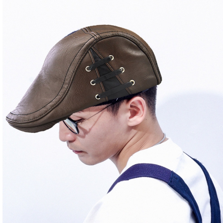 12968 Perforated Strap Design Outdoor All-Match PU Leather Peaked Cap Berets, Size:One Size(Light Coffee)