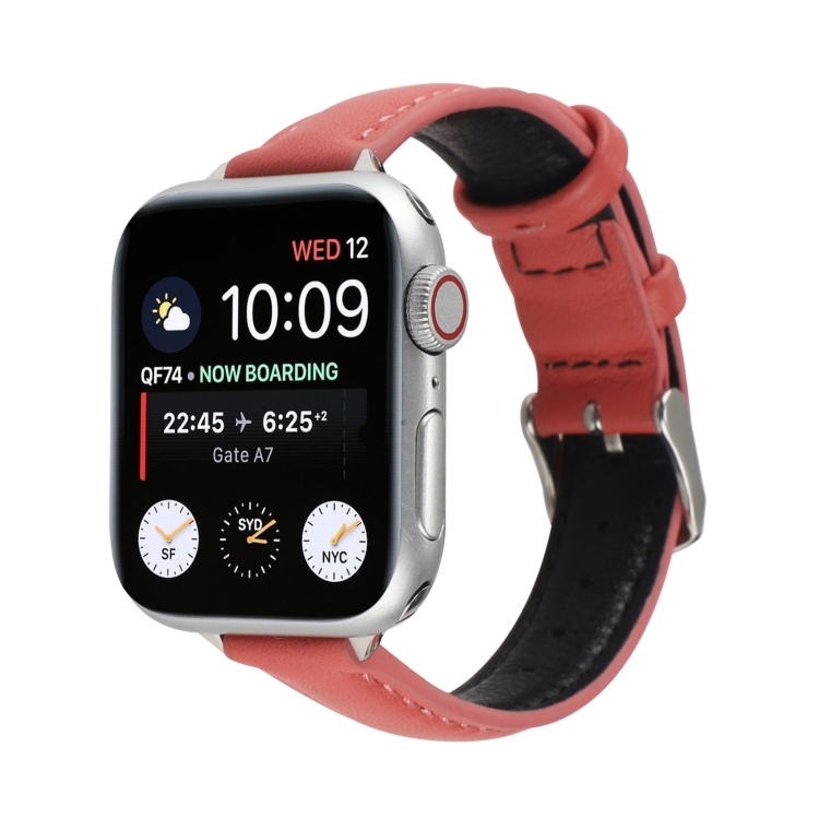 14mm Slim Genuine Leather Watch Band Watch Band For Apple Watch Series 7 45mm / 6 & SE & 5 & 4 44mm / 3 & 2 & 1 42mm(Rose Red)