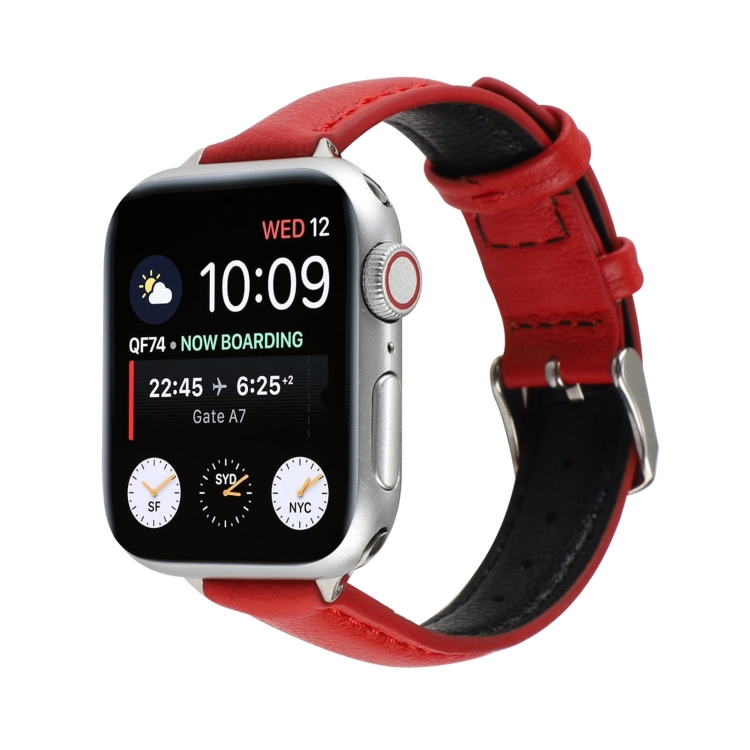 14mm Slim Genuine Leather Watch Band Watch Band For Apple Watch Ultra 49mm&Watch Ultra 2 49mm / Series 9&8&7 45mm / SE 3&SE 2&6&SE&5&4 44mm / 3&2&1 42mm(Red)