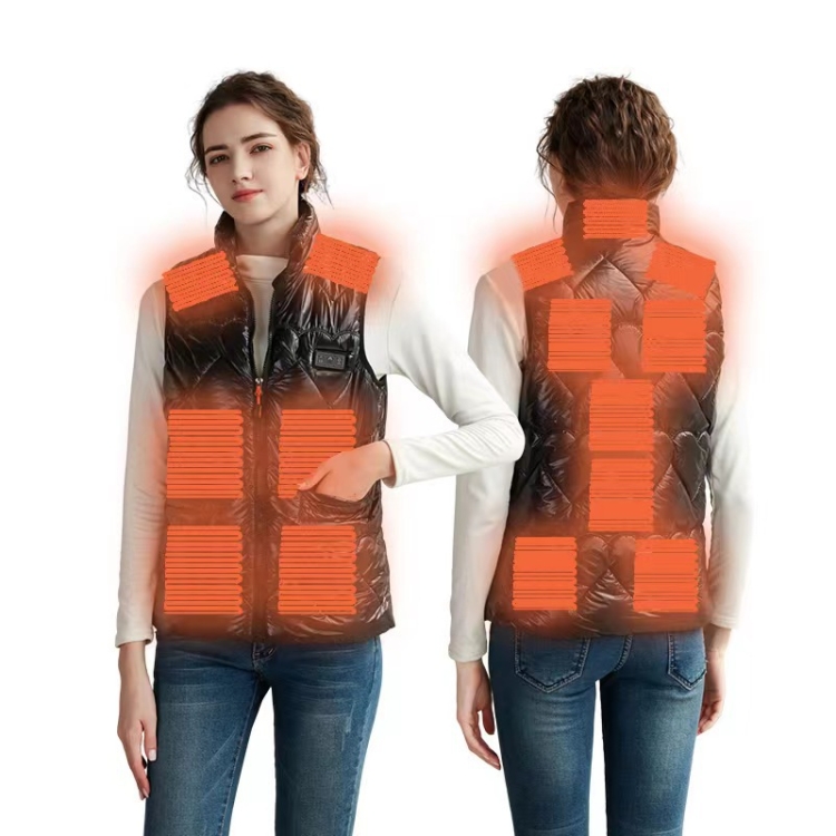 15 Areas Heated Shiny Vest For Women With 3 Independent Temperature Control, Size: XXL(Black)