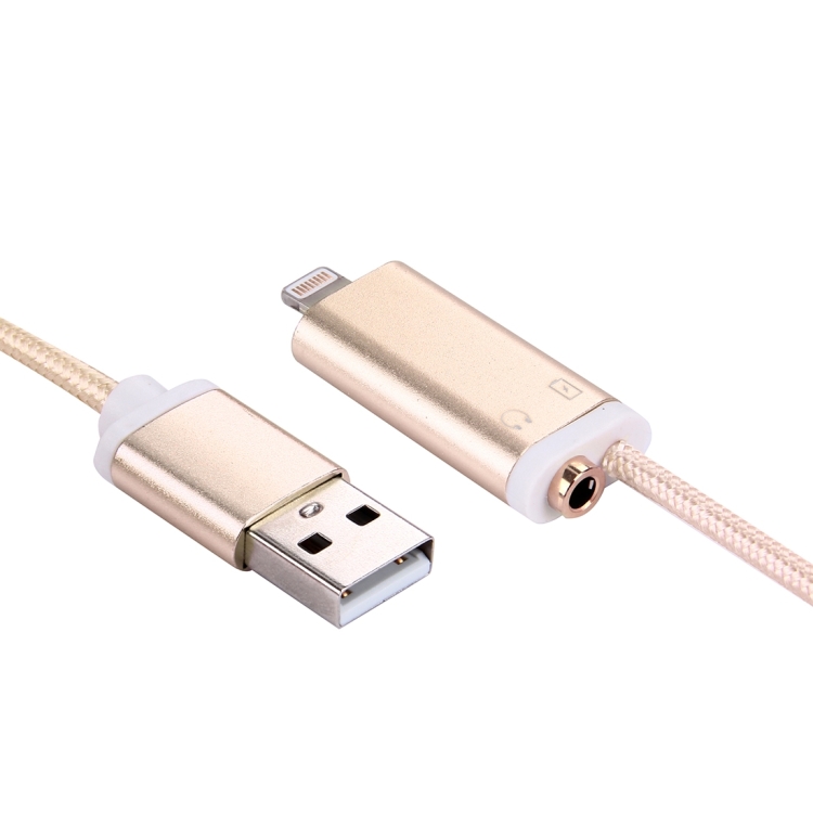 1m Wave Woven Style Metal Head 8 Pin Male to 3.5mm Female Audio & USB 2.0 Charger Cable for iPhone 7 & 7 Plus, iPhone 6s & 6s Plus, iPhone 6 & 6 Plus, and More Smartphones, Not Support iOS 10.3.1 or Above Mobile Phones(Gold)
