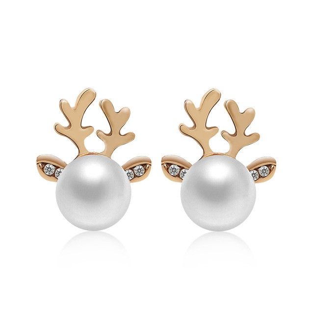 2 Pairs Micro-set Pearl Antler Earrings Deer Head Earrings Elk Ear Studs(Gold)