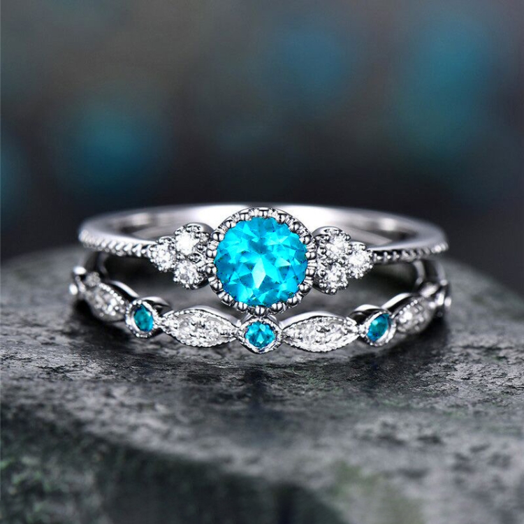 2 PCS/Set Women Fashion Zircon Gemstone Ring 7(Lake Blue)
