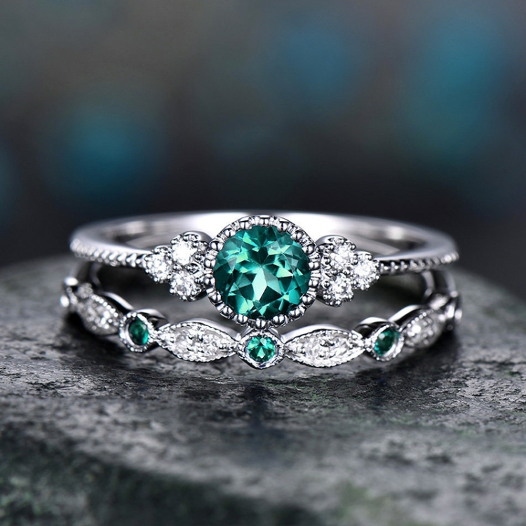 2 PCS/Set Women Fashion Zircon Gemstone Ring 8(Green)