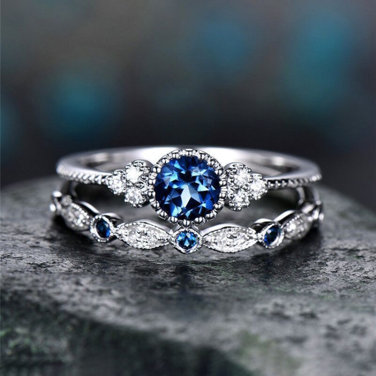 2 PCS/Set Women Fashion Zircon Gemstone Ring 9(Blue)