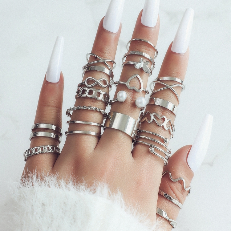 22pcs/set Heart Butterfly Joint Open Ring(SKU6699 Silver)