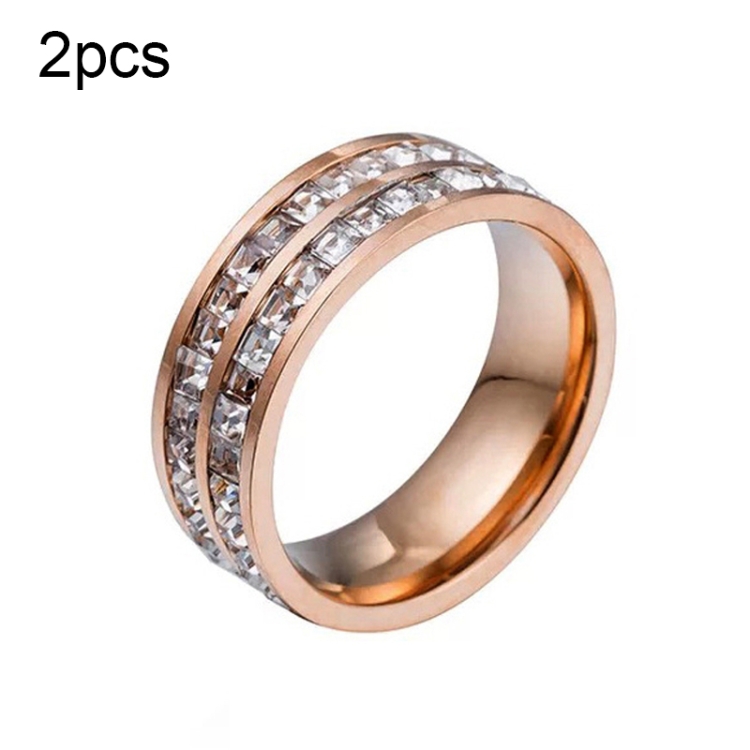 2pcs Girls Simple Titanium Steel Diamond Ring, Size: US Size 9(Double Row Rose Gold)