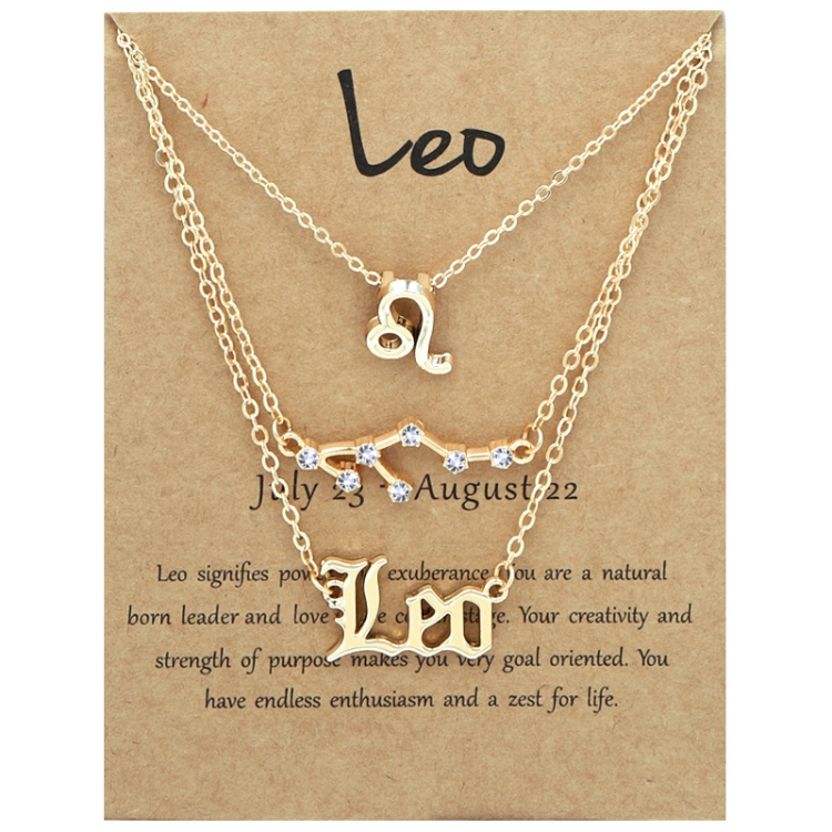 3 In 1 12 Zodiac Signs Necklace Set Retro Alphabet Symbols With Diamonds Jewelry Set, Style: Leo Golden