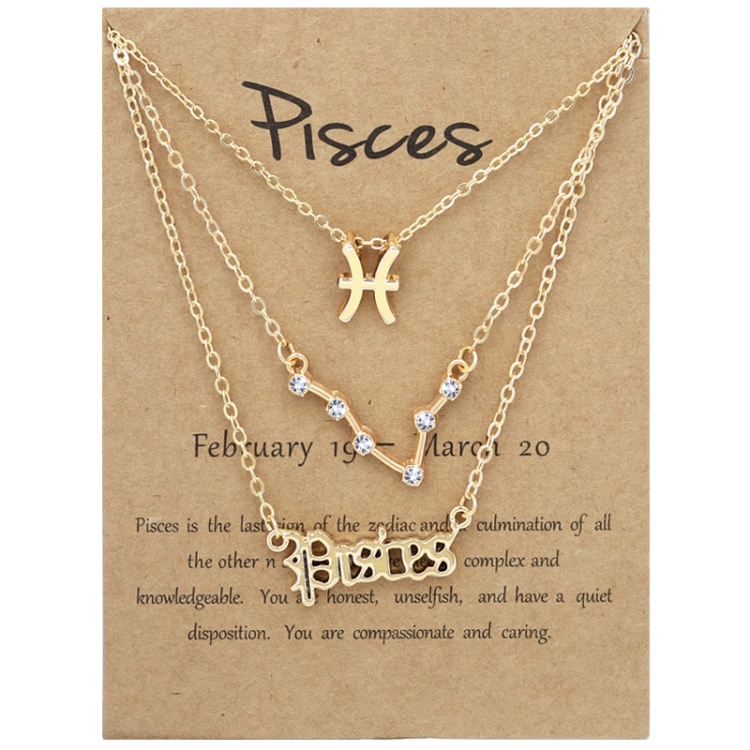 3 In 1 12 Zodiac Signs Necklace Set Retro Alphabet Symbols With Diamonds Jewelry Set, Style: Pisces Golden