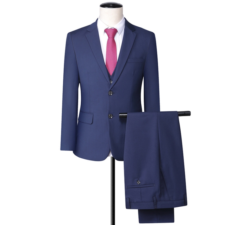 3 In 1 Men 2-Button Suit Handsome Slim Business Formal Suit Bank Sales Hotel Workwear, Size: XL(Blazer+Shirt+Trousers Blue)