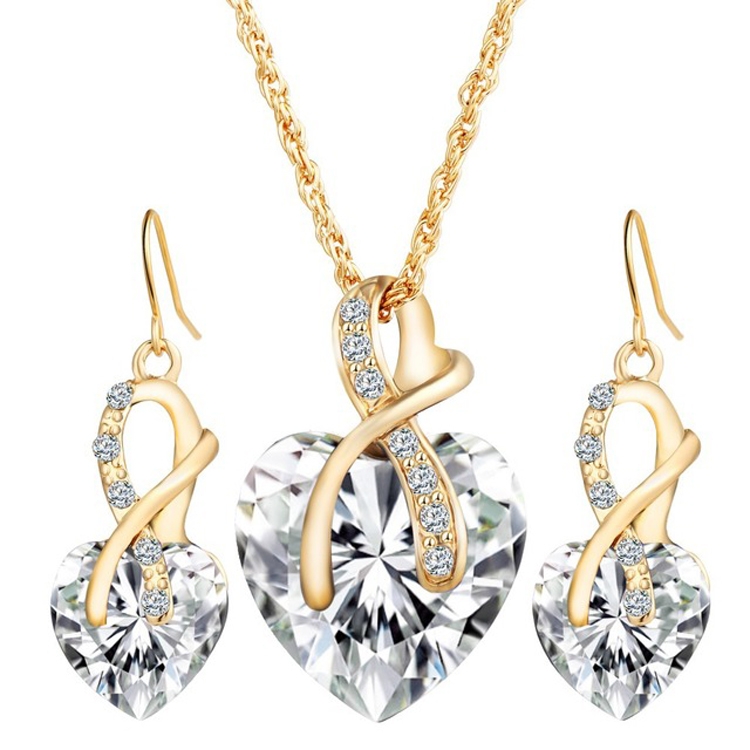 3 PCS / Set Women Heart Shaped Crystal Zircon Earring Necklace Jewelry Set(White)