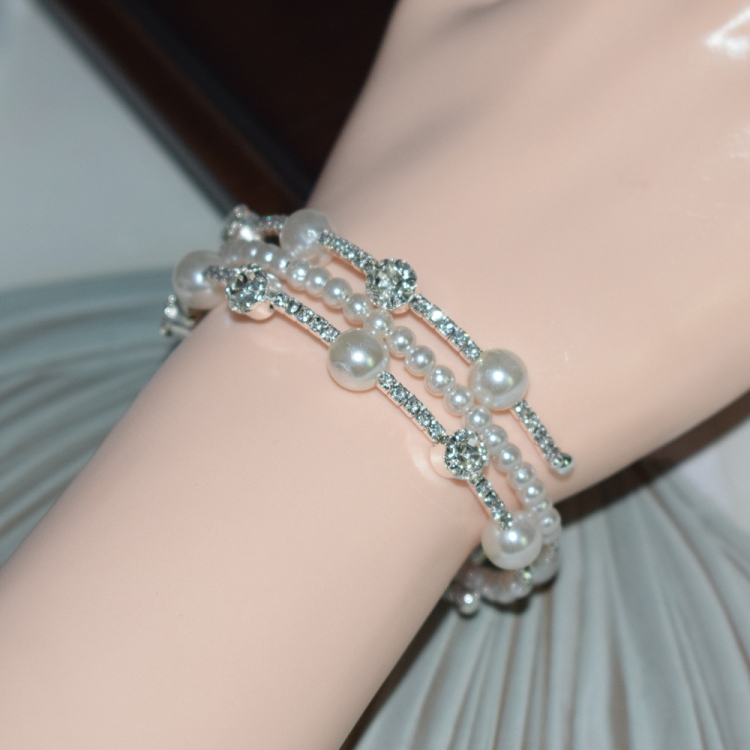 3 Row Silver Simple Rhinestone Pearl Wrapped Arm Bracelet Versatile Bracelet