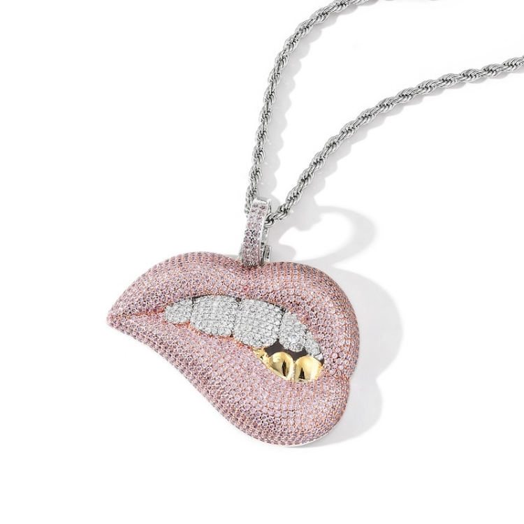 3mm x 60cm Sexy Lip Biting Hip Hop Pendant Micro-Set Zircon Necklace