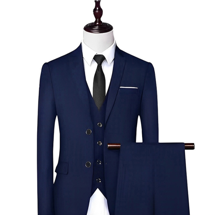3pcs /Set Men Formal Business Suit Blazers Wedding Dress Groom Group Suits, Size: M(2 Button Navy Jacket+Vest+Pants)