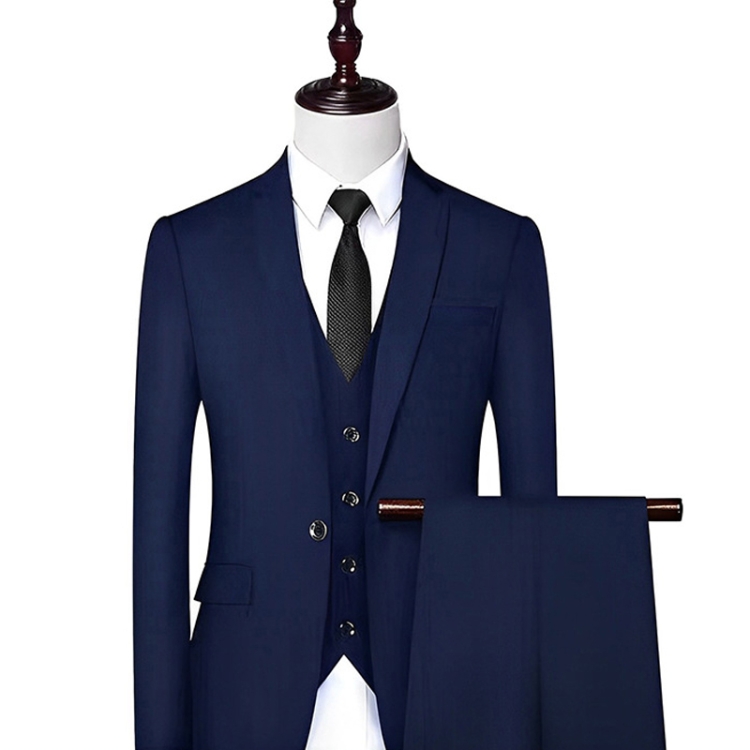 3pcs /Set Men Formal Business Suit Blazers Wedding Dress Groom Group Suits, Size: XXL(1 Button Navy Jacket+Shirt+Pants)