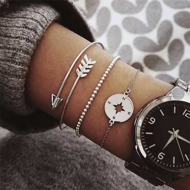 3pcs / Set Silver Bohemian Hollow Arrow Compass Beads Chain for Women(Silver)