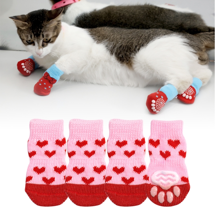 4pcs /Set  Pet Dog Puppy Cat Shoes Slippers Non-Slip Socks Pet Cute Indoor for Small Dogs Cats Snow Boots Socks, Size:M(Light Red)