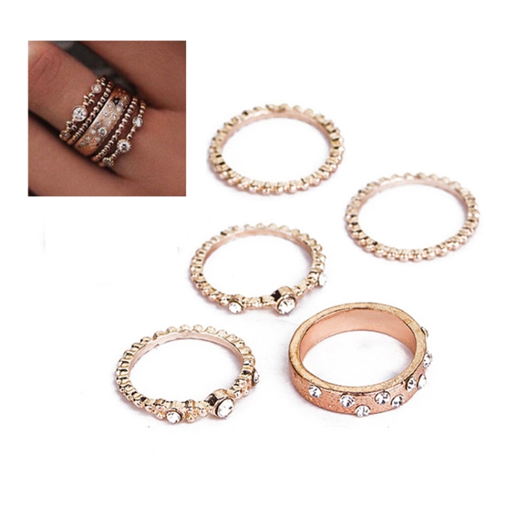 5 PCS/Set Fashion Women Rose Gold Rhinestone Elegant Rings Jewelry Set, Ring Size:7