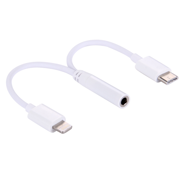 8 Pin & Type-C to 3.5mm Audio Adapter for iPhone 7 & 6s & 6 Plus / New MacBook Air 12 inch / Xiaomi Mi 5s & Mi 5s Plus / Huawei / Meizu / Google and other Devices with Type-C USB Port, Not Support iOS 10.3.1 or Above Mobile Phones, Length: About 9cm(White)