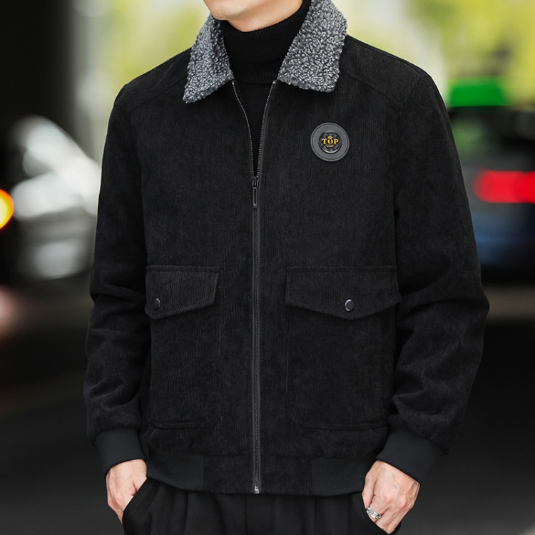 Autumn and Winter Casual Jacket Vintage Corduroy Lapel Coat, Color: Black  Plush(M)