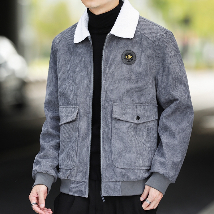 Autumn and Winter Casual Jacket Vintage Corduroy Lapel Coat, Color: Gray Plush(M)