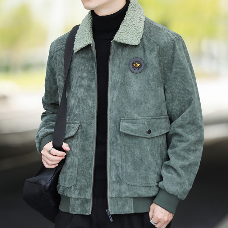 Autumn and Winter Casual Jacket Vintage Corduroy Lapel Coat, Color: Green Plush(2XL)
