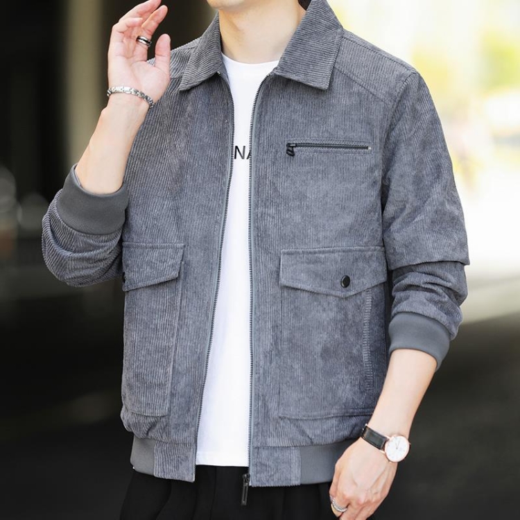 Autumn and Winter Casual Jacket Vintage Corduroy Lapel Coat, Color: Grey(5XL)