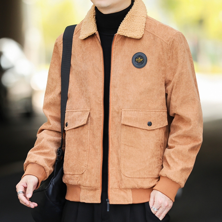 Autumn and Winter Casual Jacket Vintage Corduroy Lapel Coat, Color: Yellow Plush(3XL)