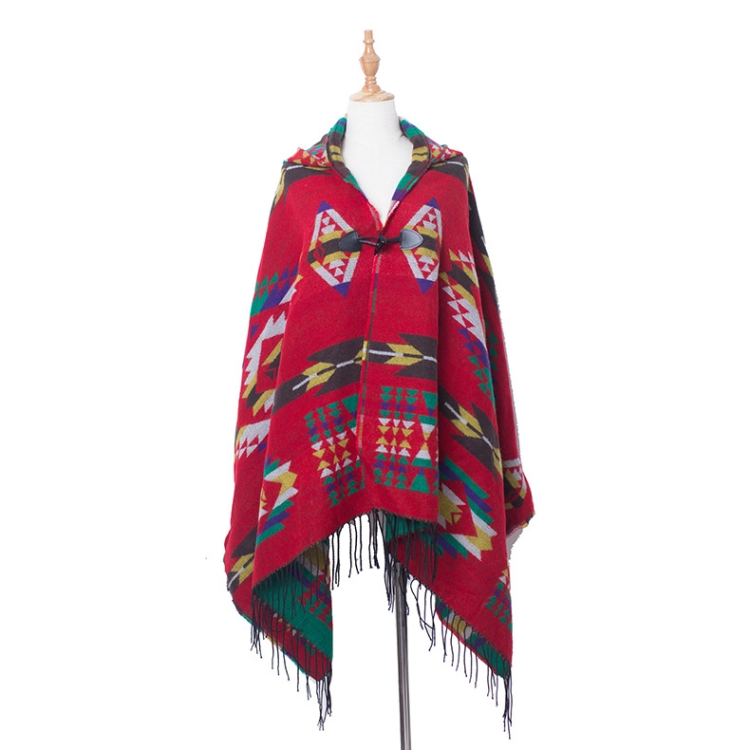Autumn And Winter Horn Buckle Ethnic Style Hooded Cloak Shawl Bohemian Hooded Shawl, Size:135-175cm(A Style Red)