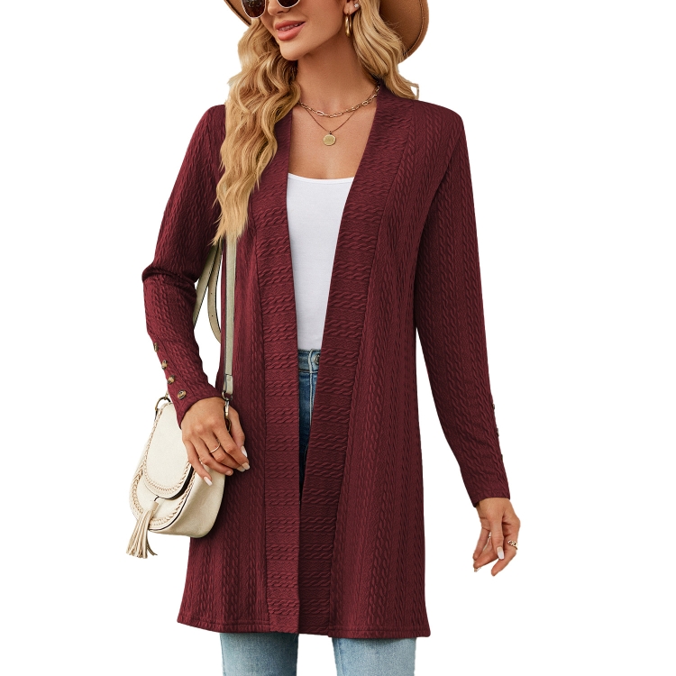 Autumn And Winter Women Button Long Sleeve Loose Cardigan Jacket, Size: L(Burgundy)