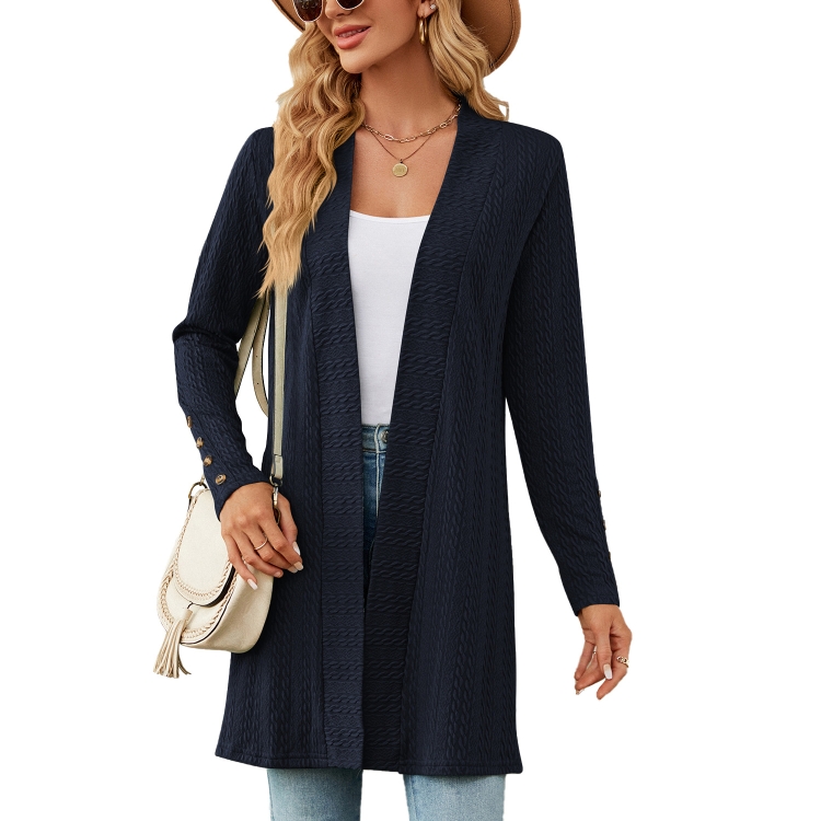 Autumn And Winter Women Button Long Sleeve Loose Cardigan Jacket, Size: XL(Navy)