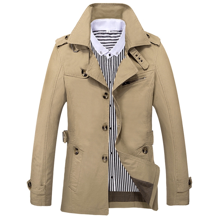 Autumn Men Mid-length Casual Windbreaker Jacket, Size: L(Khaki)