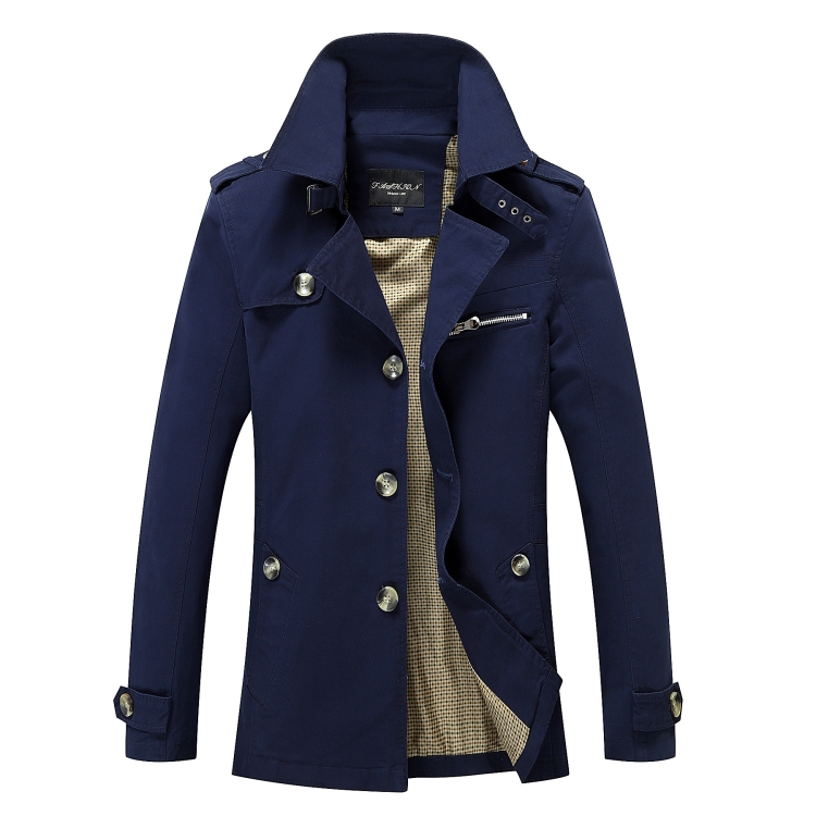 Autumn Men Mid-length Casual Windbreaker Jacket, Size: XL(Dark Blue)