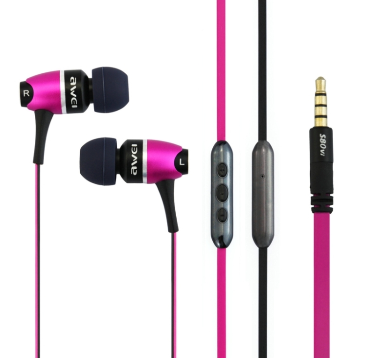 Awei S80vi 3.5mm Plug Noodle Wired Style In-ear Stereo Earphone with Microphone for iPhone 6 & 6 Plus, iPhone 5 & 5S & 5C, Samsung Galaxy, Other Phones, Cable Length: about 1.2m(Magenta)