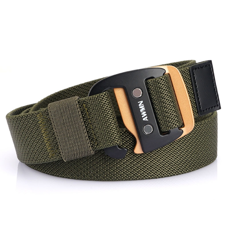 AWMN Men Casual Woven Stretch Sports Hook Buckle Belt, Length: 120cm(Army Green)